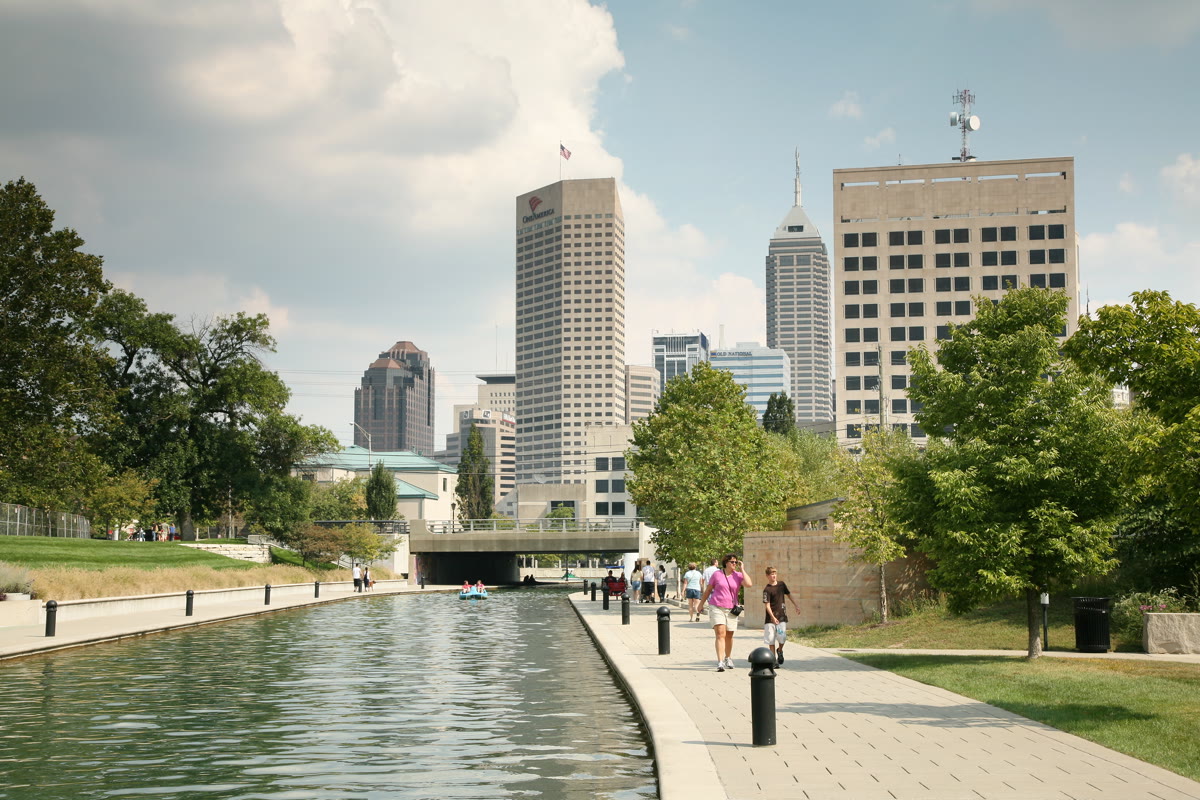 Indianapolis skyline across the Central Canal in Indiana
